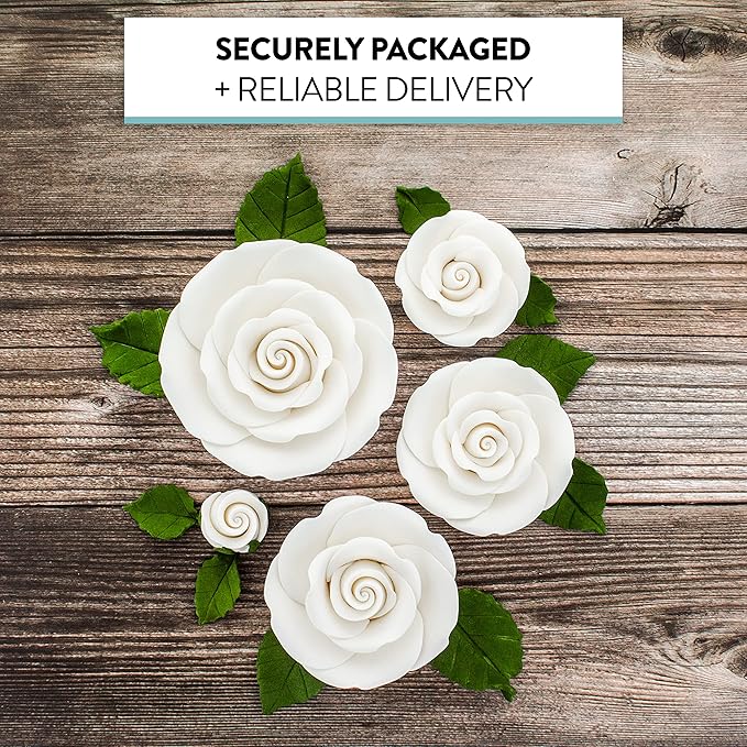 Global Sugar Art Exquisite Rose & Leaf Tray Edible Sugar Cake Flowers, White Unwired, 5 Count by Chef Alan Tetreault
