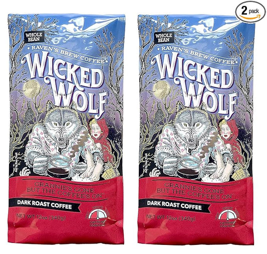 Raven's Brew Wicked Wolf Whole Bean Coffee, 12 ounce - Dark Roast - Full Body of Currant and Spice (2 Pack)
