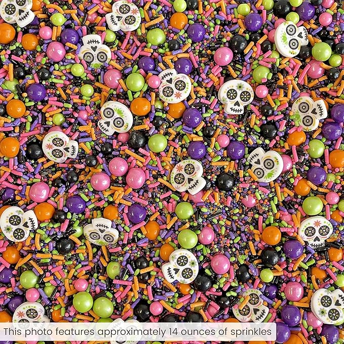 Sprinkle Pop Dia De Los Muertos Sprinkle Mix| Black Pink Purple Lime Orange Sprinkles| Halloween Sprinkles with ~12 Day of the Dead Sugar Skulls Made in USA for Decorating Cake Cookies Cupcakes, 4oz