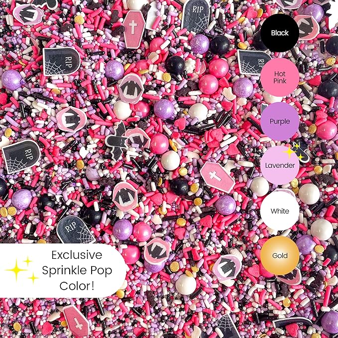 Sprinkle Pop Drop Dead Gorgeous Sprinkle Mix| Black White Purple Pink Sprinkles with ~20 Pink Caskets Bats Fangled Lips Tombstones Wafer Paper| Halloween Sprinkles Made in USA For Cakes Cupcakes,4oz