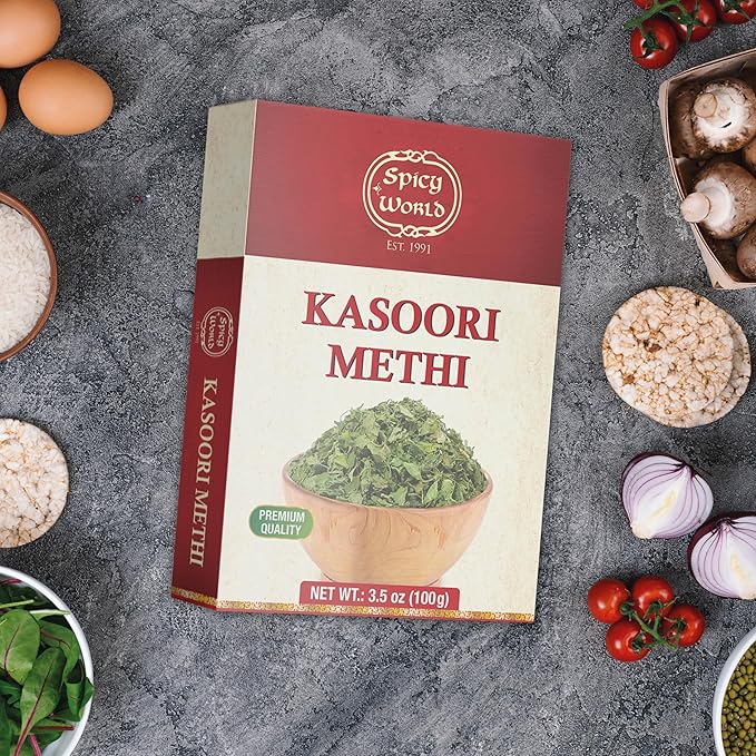 Spicy World Dried Fenugreek Leaves (Kasoori Methi) 3.5oz Box (100g) - All Natural | Vegan | Gluten Friendly | NON-GMO | Indian