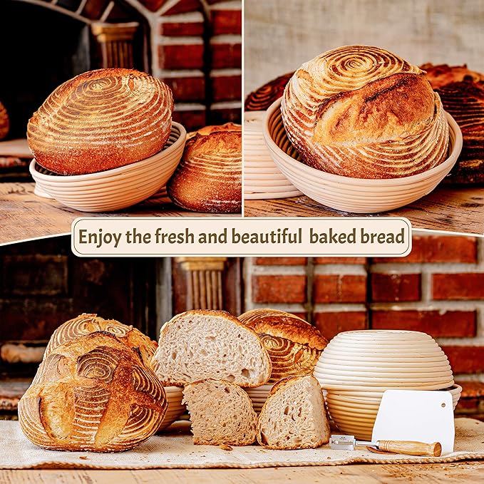 Sourdough Bread Baking Supplies Starter Kit, Banneton Proofing Basket Round 9" Set of 2, Perfect Basket Gift Set