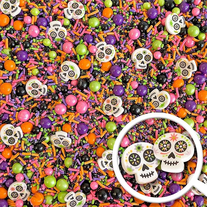 Sprinkle Pop Dia De Los Muertos Sprinkle Mix| Black Pink Purple Lime Orange Sprinkles| Halloween Sprinkles with ~12 Day of the Dead Sugar Skulls Made in USA for Decorating Cake Cookies Cupcakes, 4oz