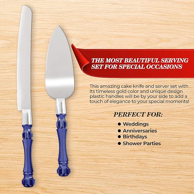 Cake Knife and Server Set, Cake Cutter and Pie Spatula, Cake Server and Knife Set with Acrylic Crystal Handles, Cake Cutting Set for Wedding Cake ??1.2mm Thick Blades, Birthdays, and Parties (Blue)
