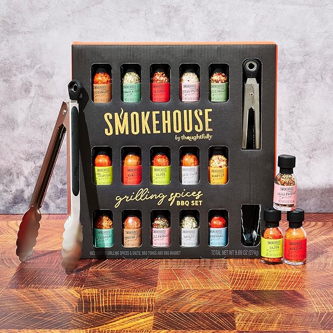 Smokehouse by Thoughtfully, Grilling Spices BBQ Set, Includes BBQ Tongs, Magnet and Flavorful Seasoning and Rubs