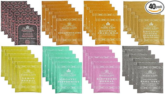 Harney & Sons Assorted Tea Bag Sampler 40 Count – Harney Decaf Tea Bags Variety Packs, Herbal Tea Bundle Caffeine Free Tea