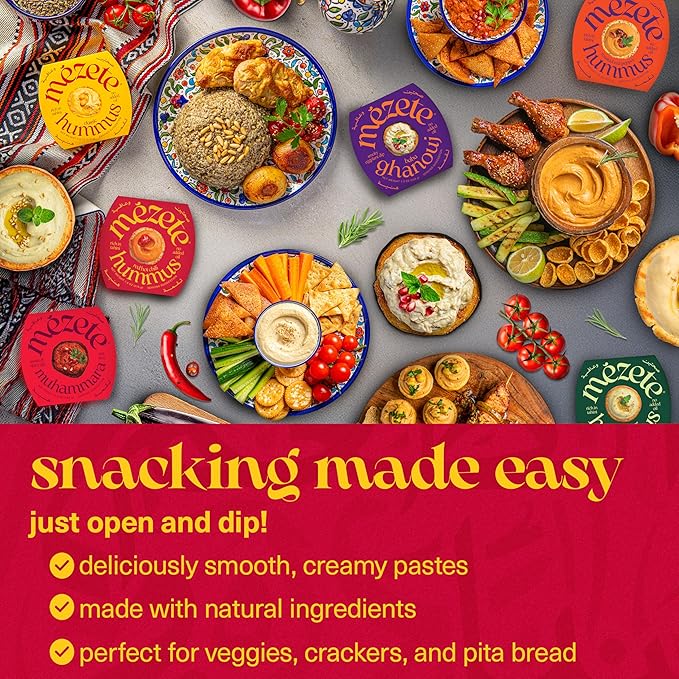 Mezete All-Natural Dip Snack Pack | No Added Oils | Preservatives-Free Variety Pack | Halal | Vegan Dips & Spreads | Authentic Middle Eastern Taste | Great for Pita, Chips & Charcuterie | Pack of 6