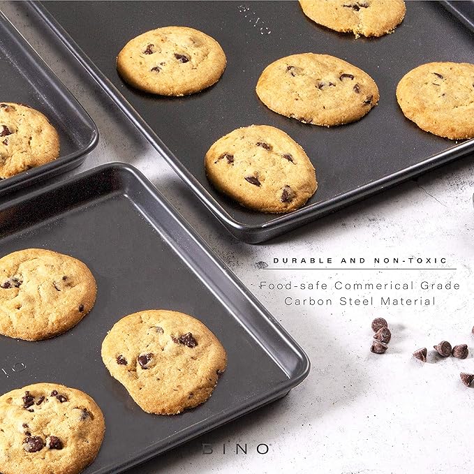 BINO Bakeware Nonstick Cookie Sheet Baking Tray Set, 3-Piece - Gunmetal | Non Stick Baking Pans Set | Carbon Steel Tray Bakeware Sets | Oven Safe | Cookie Sheet Pans | Food-Safe
