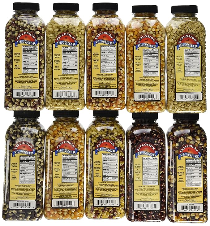 Fireworks Organic Popcorn Kernels - Assorted Gourmet Heirloom Variety Pack ??10 Bottles (15 oz Each) - For Popcorn Makers, Stovetop, or Air Popper - Non-GMO, Natural Snack Sampler Case