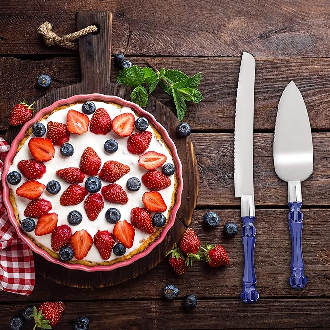 Cake Knife and Server Set, Cake Cutter and Pie Spatula, Cake Server and Knife Set with Acrylic Crystal Handles, Cake Cutting Set for Wedding Cake ??1.2mm Thick Blades, Birthdays, and Parties (Blue)
