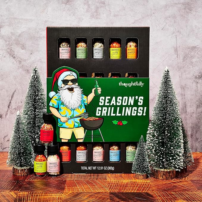 Smokehouse by Thoughtfully Holiday Ultimate Grilling Spice Seasoning Gift Set,Flavors Include Chili Garlic, Rosemary and Herb, Lime Chipotle and More, Christmas Wrap, Set of 20