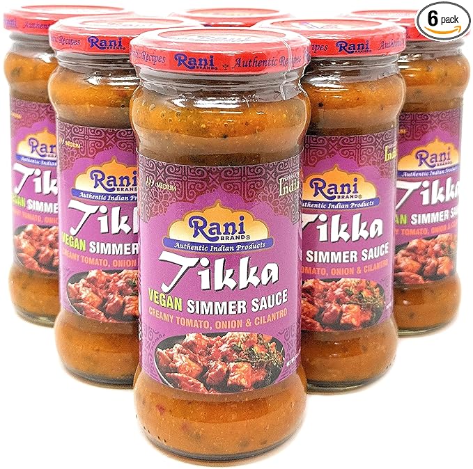 Rani Tikka Curry Vegan Simmer Sauce (Creamy Tomato, Onion & Cilantro) 14oz (400g) Glass Jar, Pack of 5 +1 FREE ~ Easy to Use | Vegan | No Colors | All Natural | NON-GMO | Gluten Free | Indian Origin