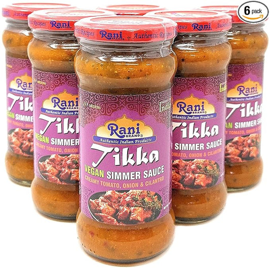 Rani Tikka Curry Vegan Simmer Sauce (Creamy Tomato, Onion & Cilantro) 14oz (400g) Glass Jar, Pack of 5 +1 FREE ~ Easy to Use | Vegan | No Colors | All Natural | NON-GMO | Gluten Free | Indian Origin