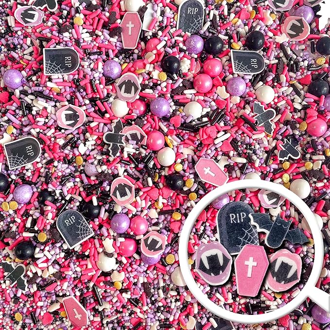 Sprinkle Pop Drop Dead Gorgeous Sprinkle Mix| Black White Purple Pink Sprinkles with ~20 Pink Caskets Bats Fangled Lips Tombstones Wafer Paper| Halloween Sprinkles Made in USA For Cakes Cupcakes,4oz