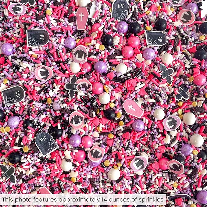 Sprinkle Pop Drop Dead Gorgeous Sprinkle Mix| Black White Purple Pink Sprinkles with ~20 Pink Caskets Bats Fangled Lips Tombstones Wafer Paper| Halloween Sprinkles Made in USA For Cakes Cupcakes,4oz