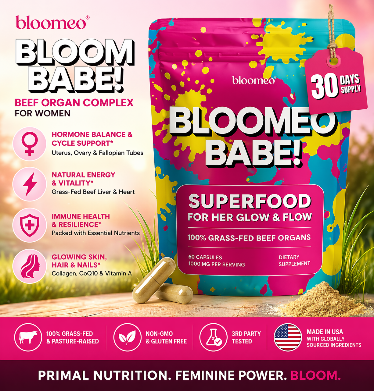 Beef Organ Supplement for Women | 100% Grass Fed Beef Liver Capsules with Heart, Kidney & Reproductive Organs | Primal Hormone Balance & Ancestral Energy | Bloom Babe - Queen of Superfoods, 60ct